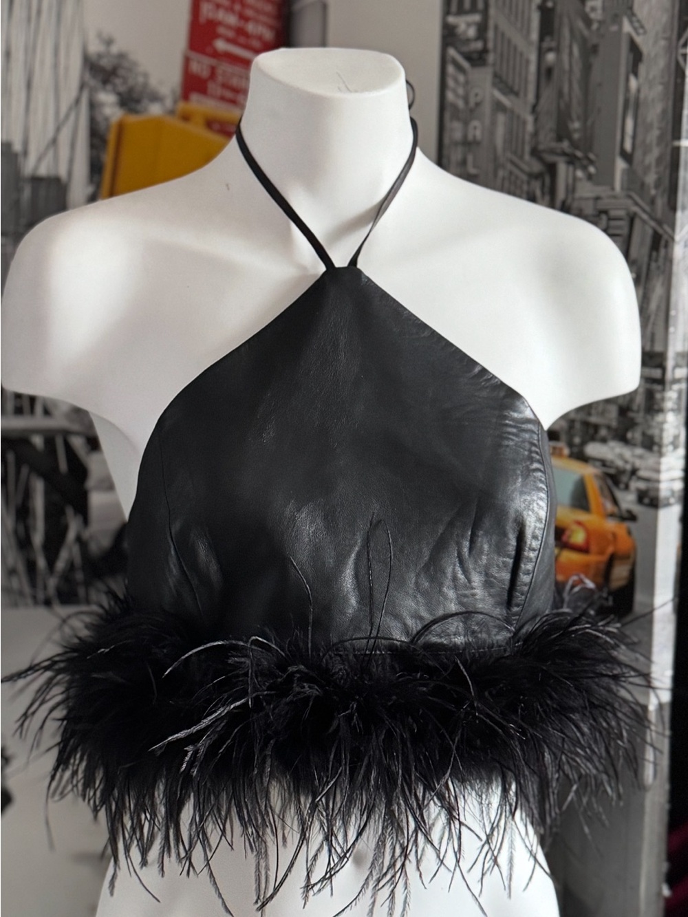 Lamarque Black Leather Top With Feather Trim.